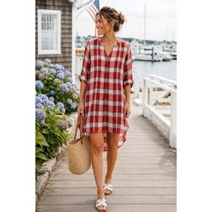 Anthropologie Akemi + Kin Plaid Tunic Shirt Dress XS Red High Low Button Front